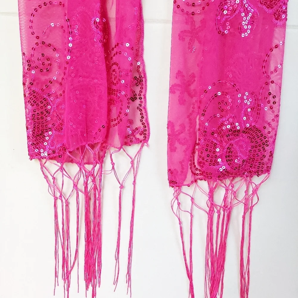 Womens Pink Mesh Sequin Metallic Party Prom Wedding Shawl Scarf With Fringe